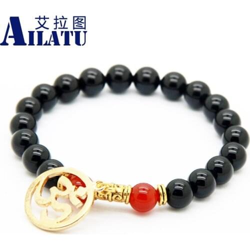 Ailatu Jewelry Wholesale 8mm Natural Black Stone Beads Om Inspired Yoga Meditation Bracelet
