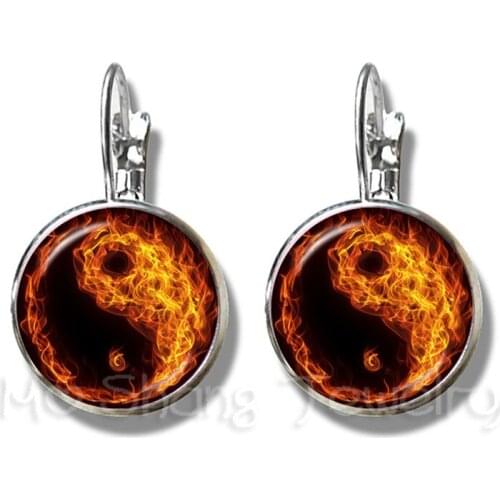 Fire And Water Symbol Jewelry Yin Yang Glass Dome Earrings Taoism Buddhism Spiritual Yin-Yang Harmony Silver Plated Earrings