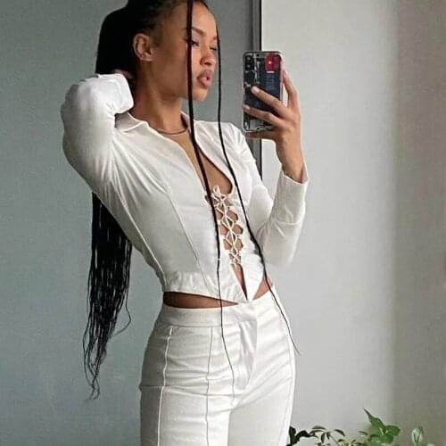 WOMENGAGA Women Spread Collar Lace Up Fitted T Shirt With D-ring Fastening Summer Tops Hot Korean Girl Female 2R6Q