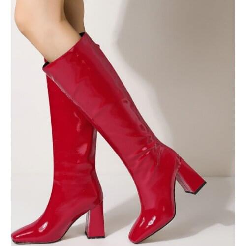 2021 Fashion Square Toe High Heel Women Boots Patent Pu Leather Knee High Boots Slip On Autumn Winter Woman Boots Shoes Black