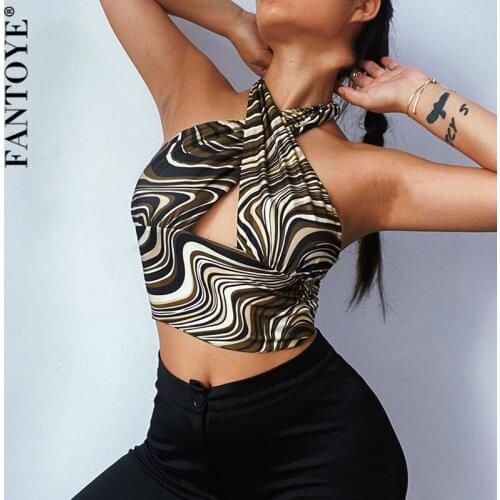 Fantoye Print Criss-cross Slim Women Tank Tops Brown Sexy Backless Halter V-neck Vest Ladies Summer Skinny Hollow Out Tank Tops