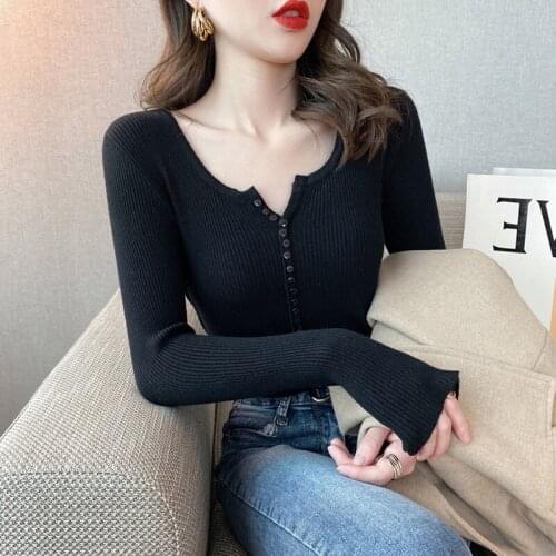 Womens Sexy Knitted Pullover V Neck Button Pure Color Thin Slim Sweater Wholesale Autumn Winter New Fashion Female Clothing