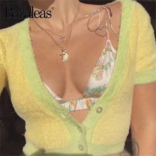 Bazaleas Yellow Green Patchwork knitted cardigan Vintage Punk Buttons Crop Top Basic Cropped sweater drop shipping