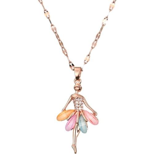 316L Stainless Steel Color Crystal Necklace Ballet Dancer Pendant Titanium Steel Colorless Water Wave Chain Necklace No Fade