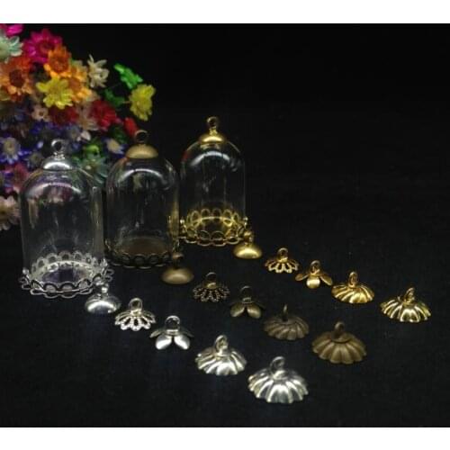 500sets/lot 25*18mm Tube bell jar glass globe double lace tray bead cap glass vial pendant fashion necklace diy glass dome cover