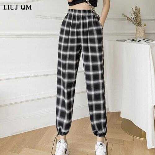 2021 Spring Summer Plaid Pants Women Streetwear Cool Girl High Waist Trousers Female Joggers Sweatpants Korean Casual Trousers