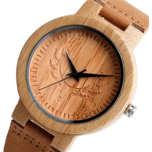 Men Bamboo Wood Watch Minimalist Cool Deer Head Genuine Leather Band Strap Nature Wood Bangle Wristwatch Reloj Hombre Clock