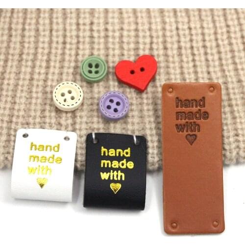 20Pcs Handmade Labels PU Leather Tags For Clothes Hat Handmade With Love Labels For Sewing Crafts 20*50MM Black White Brown Tags