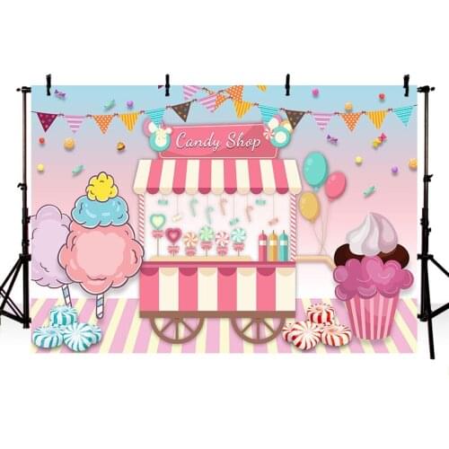 Candy Shop Ice Cream Cart Flags Balloons Baby Kids Scene Photography Background Posters Photographic Studio Photo Backdrop