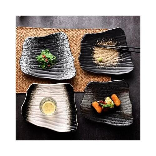 Creative ceramic sushi plate, Japanese style irregular flat plate, black breakfast plate, household dish plate, dessert