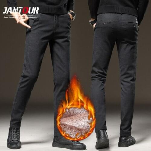 Winter Fleece Men Pants Fashion Letter Print Straight Work Pants High Quality Casual Trousers Black Ropa De Hombre Size 38