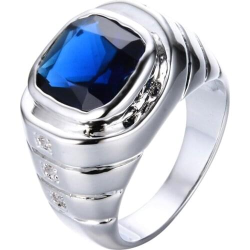 Male Luxury Big Square Blue/White Zircon Rings For Men Vintage Fashion Wedding Jewelry Male Silver Color Engagement Promise Ring