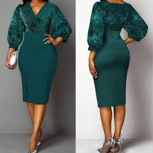 Slim Formal 3/4 Lantern Sleeve Patchwork Bodycon Dress Elegant Party Bodycon Dress Shiny for Evening Party