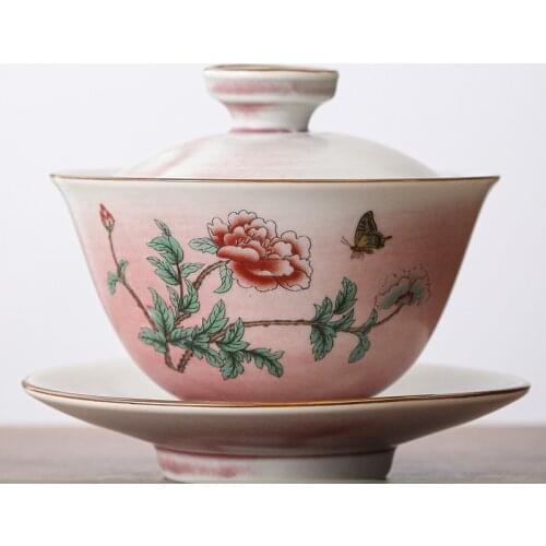 Hand Made Flower Ceramic Tea Bowl Tureen Antique Garden Bird Gaiwan Retro Coarse Pottery Kiln Drinkware Home Decor Tea Ceremony