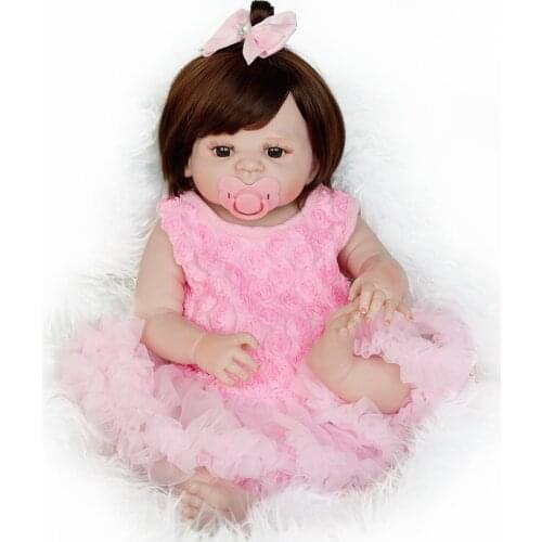 58cm Full Body Silicone Reborn Baby Realistic Baby Doll Handmade Baby Girl Doll Can Bath Birthday Gifts for Kids Pink Dress