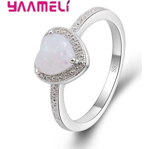 Romantic True Love Heart Shaped Opal Stones Filled Genuine 925 Sterling Silver Promise Rings for Women Propose Jewelry