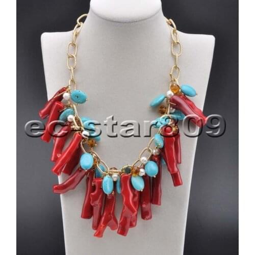S2187 18" Red Coral branch & Blue Turquoise white pearl crystal Pendant Necklace