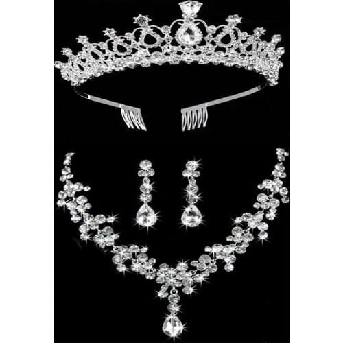 Silver Crystal Jewelry Set Tiara Crown With Comb Bride Jewelry Set Tiara Crown Necklace Ear For Hair Accessories Wedding