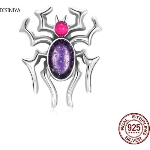 Silver Cyberpunk Spider Charm Purple Enamel 925 Sterling Silver Charm for Original Bracelet Bangle Fine Jewelry SCC1842