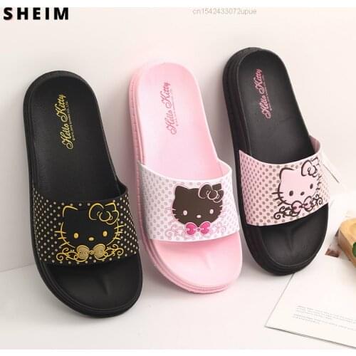 Sanrio Hello Kitty Slippers Shoes Summer Women Cute KT Cat Fashion Y2k Girls Flat Slides Flip Flops Thicken Female Home Sandals