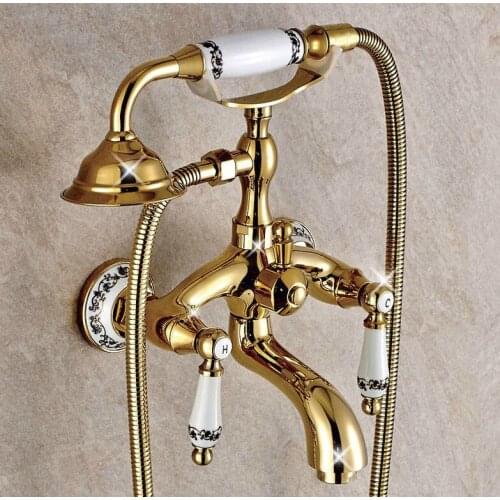 Modern Luxury Golden Brass Wall Mount Bathroom Tub Faucet Set with 1.5M Handheld Shower Spray Head Mixer Tap 2tf413
