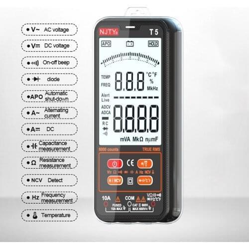 NJTY Ultra-thin Digital Multimeter 6000Counts Ture RMS AC DC NCV Current Voltage Capacitance Temperature Tester Smart Meter T5
