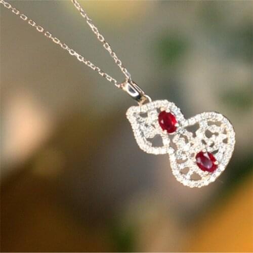 UBESTNICE Solid 18K White Gold AU750 Real Diamond Fine Jewelry For Women Party Gift Oval Natural Ruby Gourd Pendant Necklaces