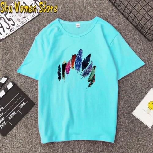 2021 Women Casual Harajuku Fashion T-shirt Feather Print Loose O-neck Short Sleeve Elastic Stretched Summer Home New Tee Shirt
