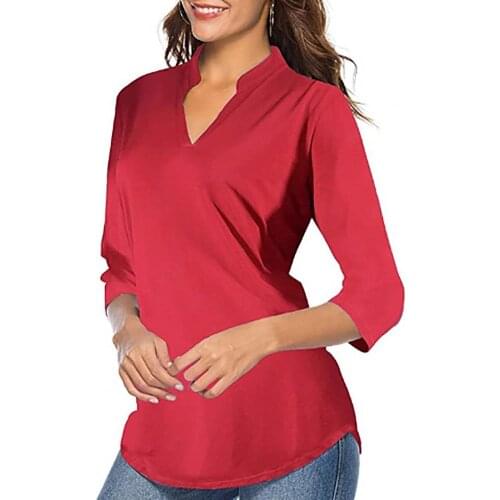 Women Shirt Blouse Autumn Solid Color Women Shirt Stand Collar Soft 3/4 Sleeve Loose Casual Blouse Ladies Tunic Shirt Plus Size