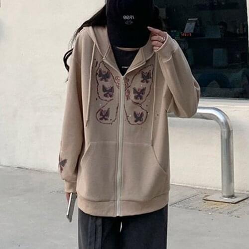 Women Autumn Zip Up Oversized Hoodies E-girl Butterfly Print Sweatshirt Long Sleeve Y2K Fairy Grunge Harajuku Gothic Clothes