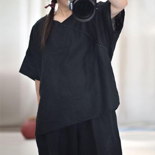 Women Loose Retro V Neck Cotton Linen Tops Ladies Vintage Solid Color Embroidered Shirt Tees Female Plus Size T-shirt