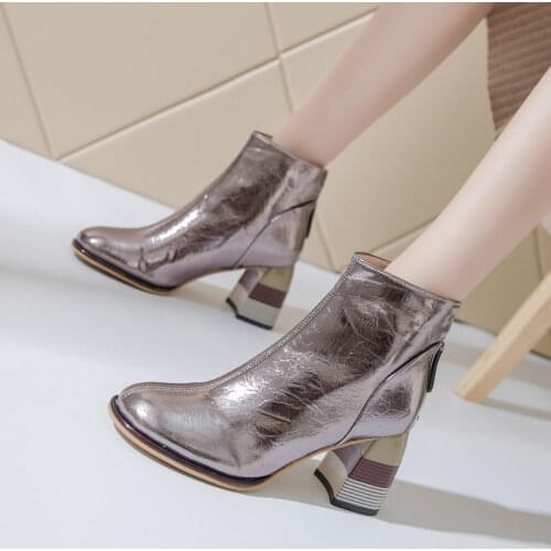 Soft Patent Leather Short Boots Woman High Heels Ankle Boots Women Fall Shoes 2020 Block Heel Female Footware British Style blue
