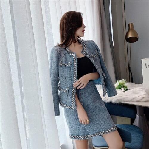 BLLOCUE Autumn Winter New Women Elegant Office Blue Tweed Suit Beaded Wool Blazer Jacket + Mini Skirt 2 Piece Sets