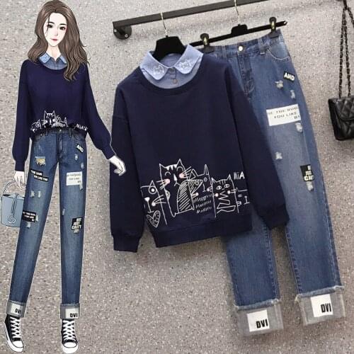 4XL Plus Size 2021 Spring Autumn New Ladies Suit Loose Fashion Korean Pullover Sweatshirt Top Letter Ripped Jeans Pants Women