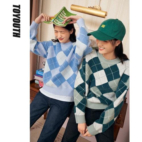 Toyouth Women Sweaters 2021 Winter Long Sleeve O Neck Loose Sweater Contrast Color Diamond Check Vintage Casual Pullover Tops