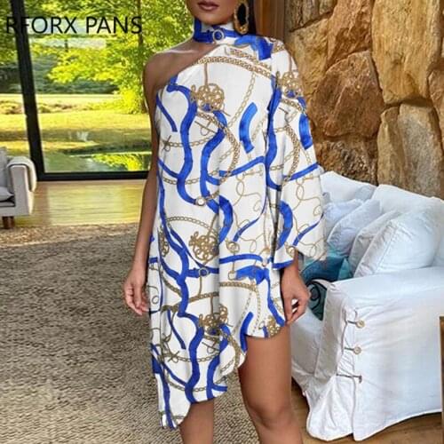 Women Chain Print One Shoulder Scallop Trim Irregular Dress Summer Dress Elegant Dress