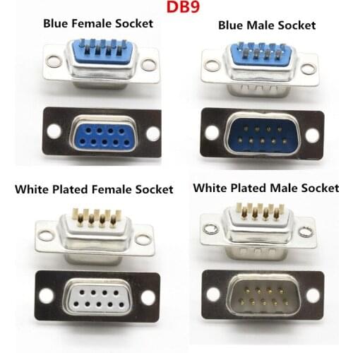 10PCS RS232 Serial Port Connector DB9 9pin Blue Male Female Socket/ White Gold Plated Socket /Metal Shell Socket Adapter