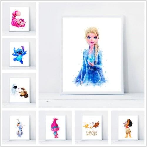 Disney Classic Movie Watercolor Frozen PrincessWall-E and Eve Watercolor Painting Childrens Bedroom Decoration Painting