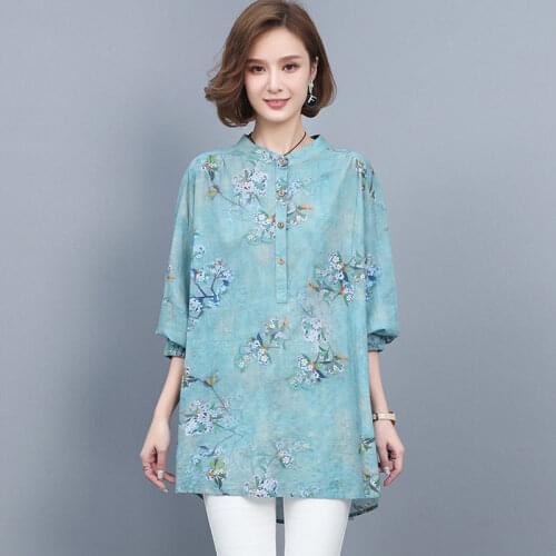 Cotton Summer Women Blouses Temperament Elegant Shirts Print Stand-Up Collar Long Sleeve Loose Casual Tops Blusas MM0668
