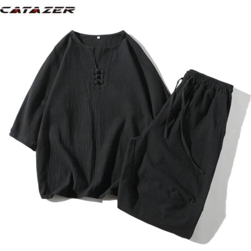 Catazer Tai Chi Uniform Kung Fu Uniform Chinese Clothing Shorts Top Set Linen Breathable Uniform Tang Suit Costume Show