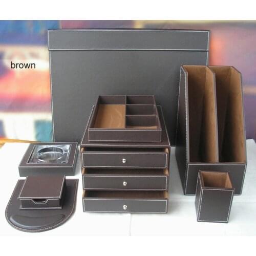 Wooden + PU leather office desk organizer set document filing stationery organizer pen pencil holder table file cabinet drawer