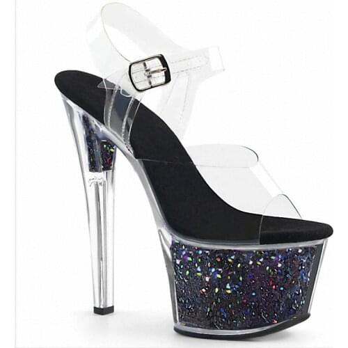Flash Powder Crystal Bling Thick Platform 7 Inches Womens Sandals Black Models Stage Show 17CM High Heeled Shoes Fashion Dress