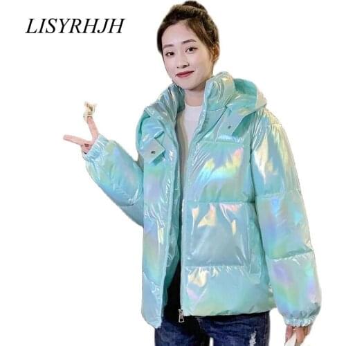 LISYRHJH Glossy Jackets Winter Women Fashion High Street Windproof Warm Parkas Students Short Cotton Padded Clothing Hooded Coat