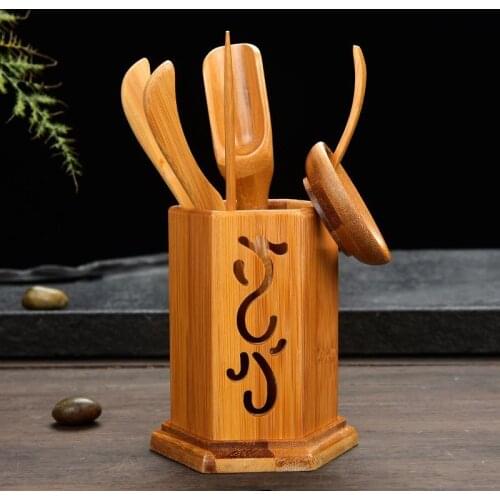 [GRANDNESS] Chinese Cha Dao Set 6 Pieces Hexahedron Bamboo Tea Utensils Chinese Kungfu Tea Ceremony Cha Dao Tool Set