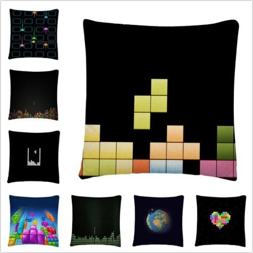 Classic Game Tetris Pattern Linen Cushion Cover Pillow Case for Home Sofa Car Decor Pillowcase 45X45cm