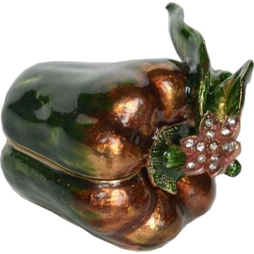 Green pepper trinket box crystal jeweled hinged enameled box ring holder novelty gifts
