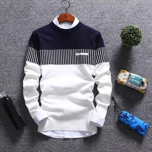 Men Color Block Stripe Round Neck Long Sleeve Slim Knitted Pullover Sweater Top keep you warm and chic in cold weather gifts