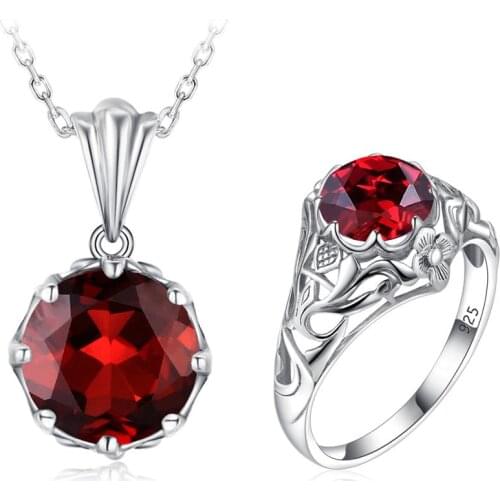 Szjinao Brand Pendant Necklace Sets For Women Garnet Wedding Rings Silver 925 Jewelry Flower Engrave Handmade Fine Jewellery Hot