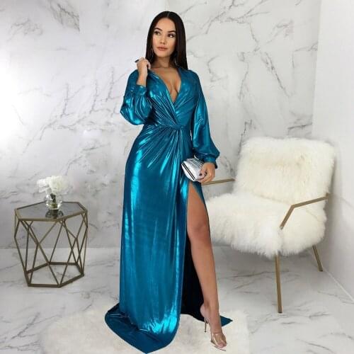 Solid Sexy Deep V Neck Long Sleeve Club Dress Women Bronzing Gold Side High Split Midnight Dresses Elegant Fit and Flare Dress