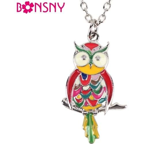 Bonsny Metal Alloy Enamel Owl Necklace Chain Bird Colorful Pendant 2016 News Fashion Jewelry For Women Statement Charm Collar